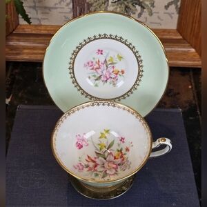 Royal Grafton K8005 Mint Green Teacup & Saucer Set Vintage Bone China Gold Trim